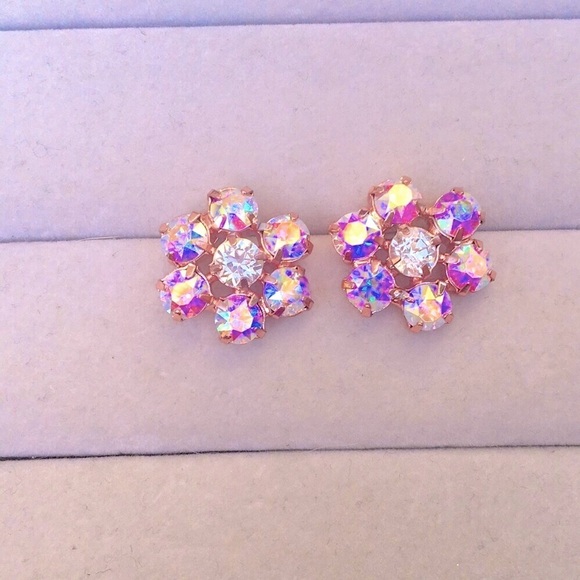 Aurora Borealis Rose Gold Crystal Flower Statement Earrings - Picture 3 of 5